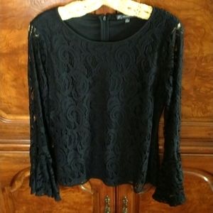Adrianna Papell Full Bell Sleeve Lace Top, Black, size M
